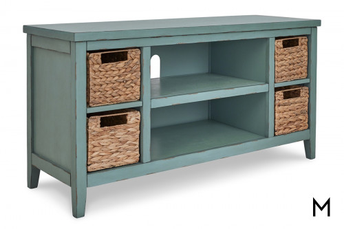 Melita Teal TV Stand with Four Handwoven Baskets