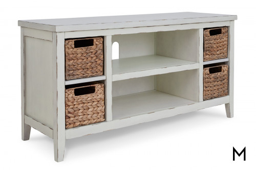 Melita White TV Stand with Four Handwoven Baskets