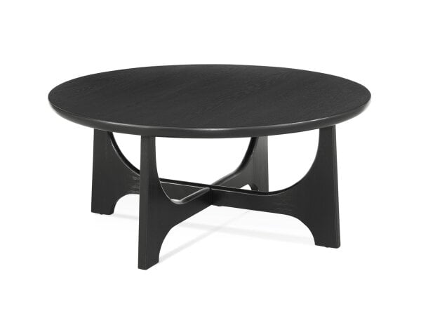 A round, black cocktail table with sculptural base