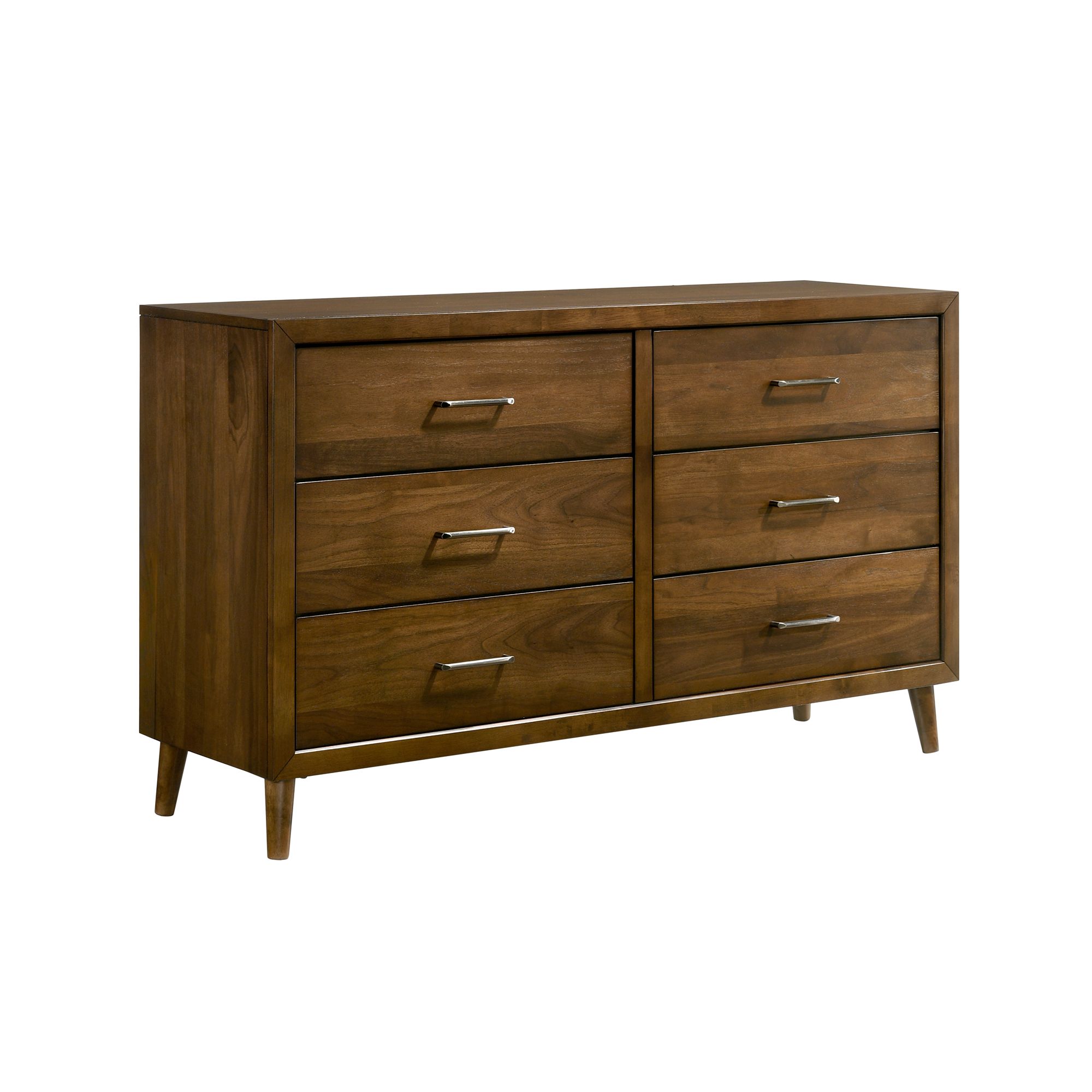 Malibu 6-Drawer Dresser in Walnut_Angle Silo Melrioux Mid-Century Modern 6-Drawer Dresser - Image 1