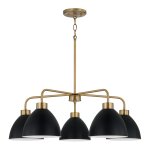Curved Black Metal 5-Light Chandelier with Aged Brass Detail