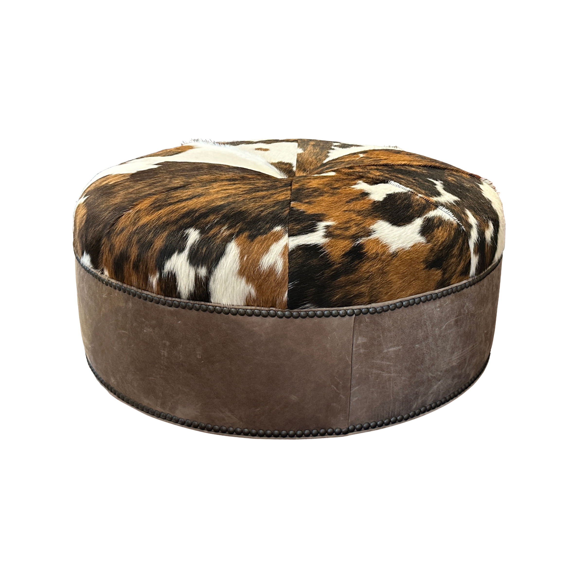 Leather Hide Large Round Cocktail Ottoman
