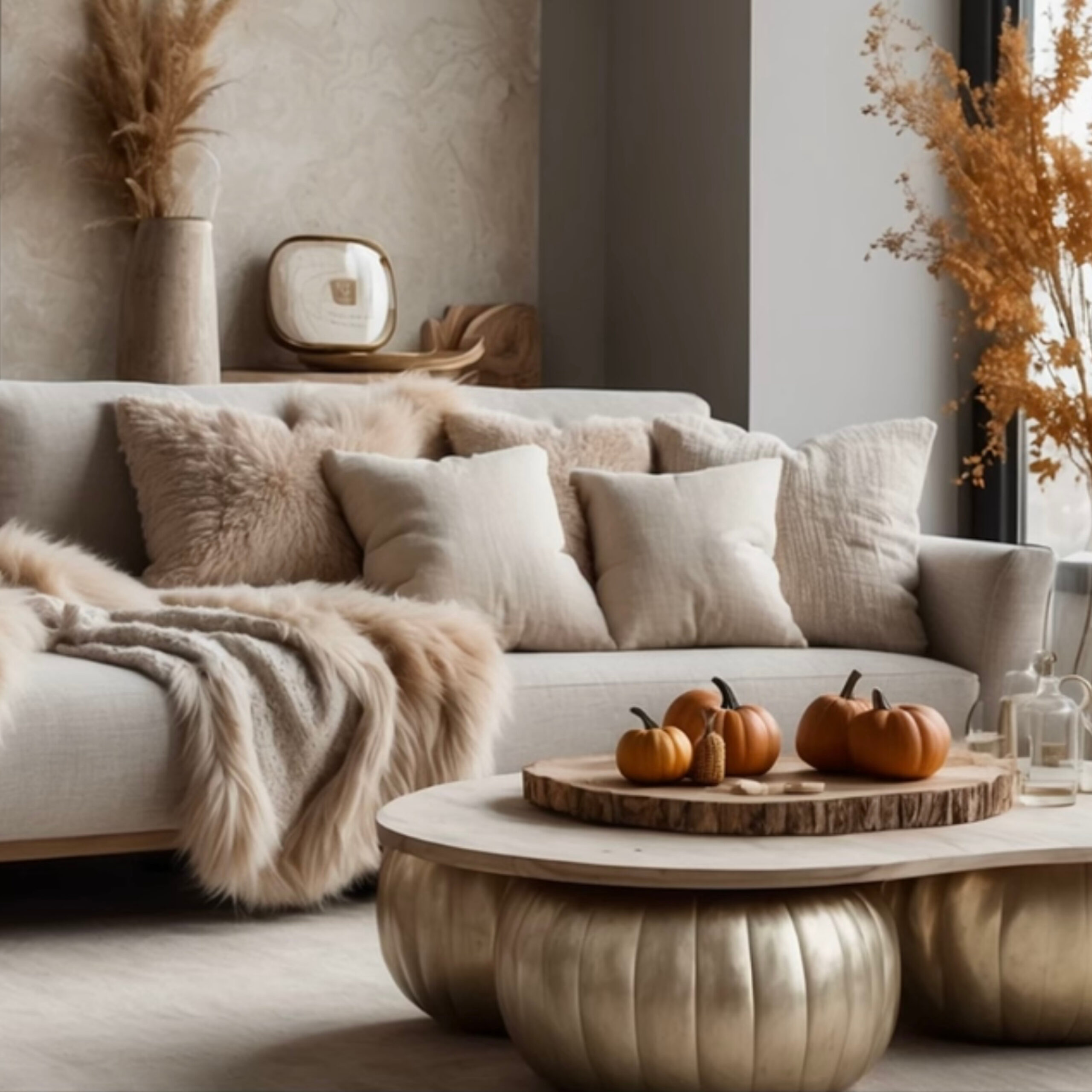 Fall Season D&eacute;cor: Image of cream colored sofa with throw pillows and a blanket. In front of the sofa is a coffee table with a base that resembles pumpkins.