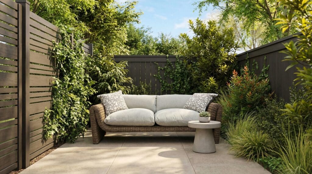 An outdoor lifestyle photo of a wicker / rattan style sofa with large weatherproof cushions.