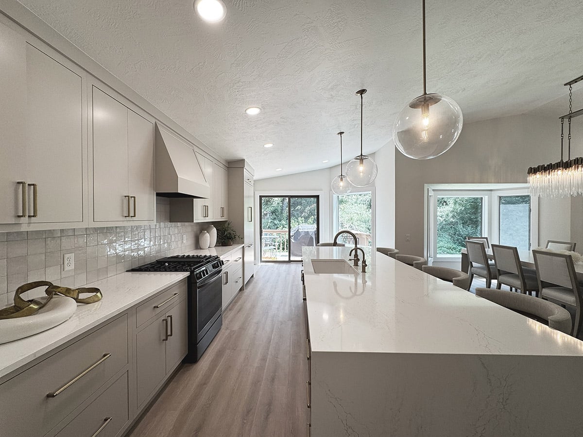 Interior Design Project Photo Kitchen Remodel With Tile Backsplash And Glass Pendant Lighting