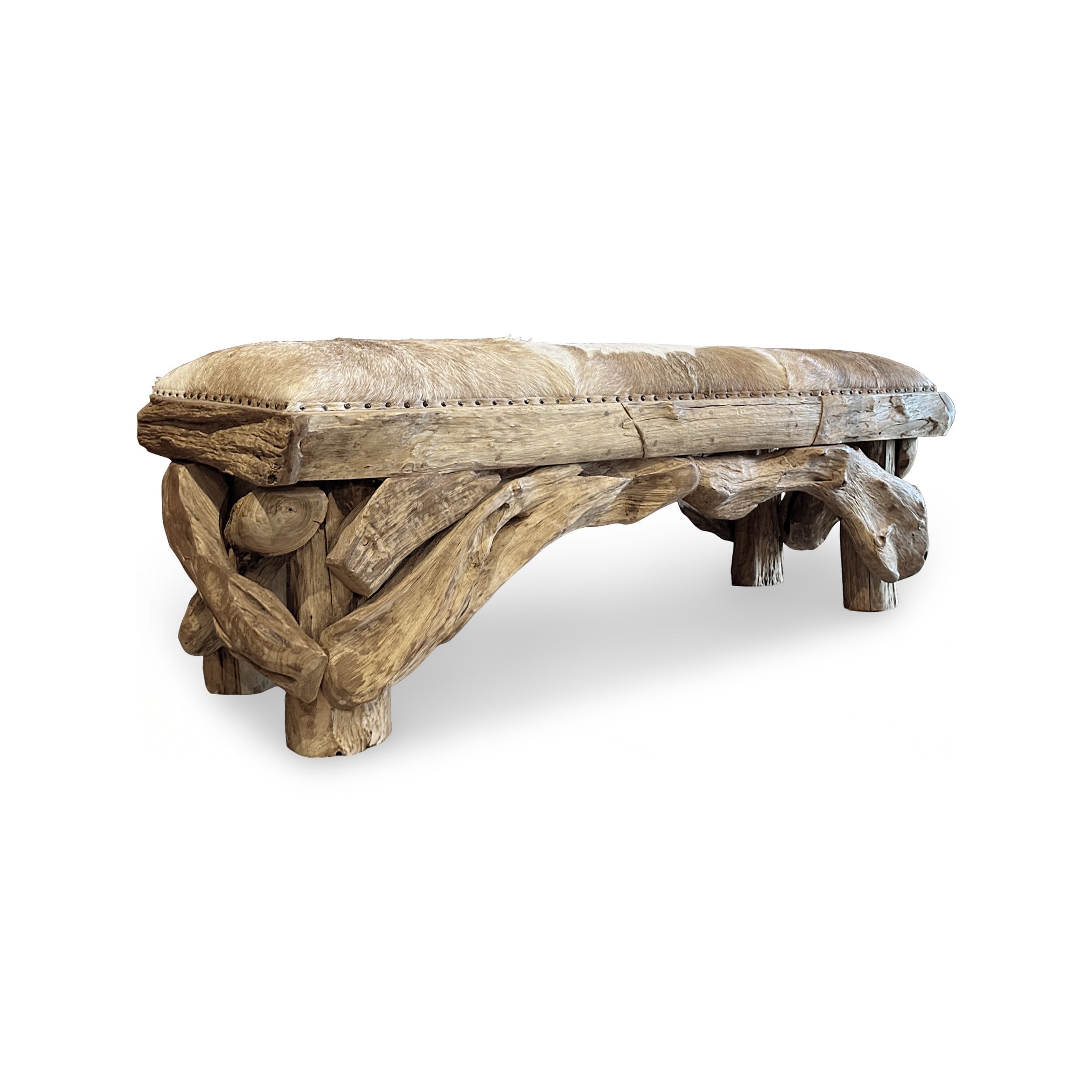 Teak Root Bench with Goat Hide Seat