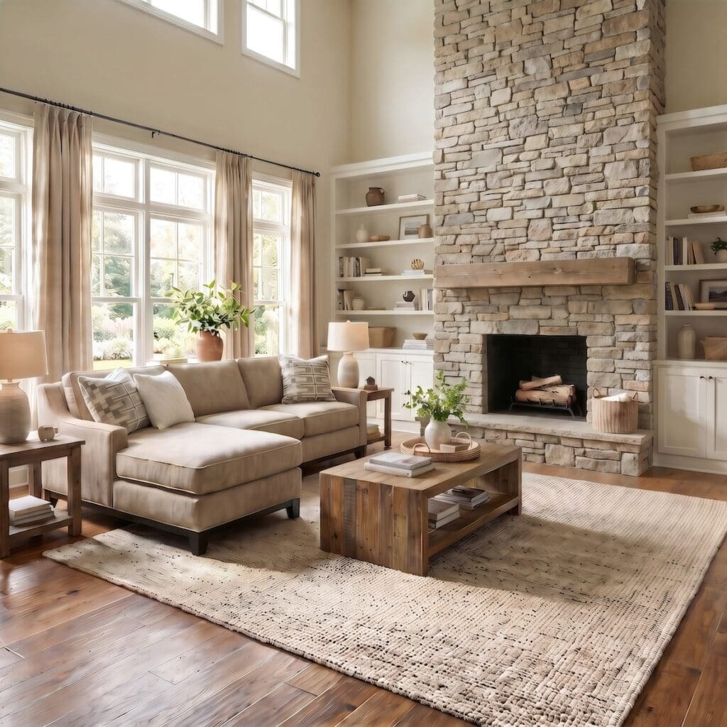 Large Mid-Century Modern Room with Fireplace and Sectional Sofa.