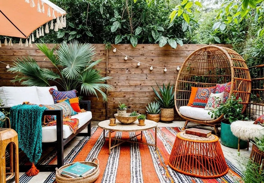 Eclectic style outdoor area with wicker furniture and outdoor rug.