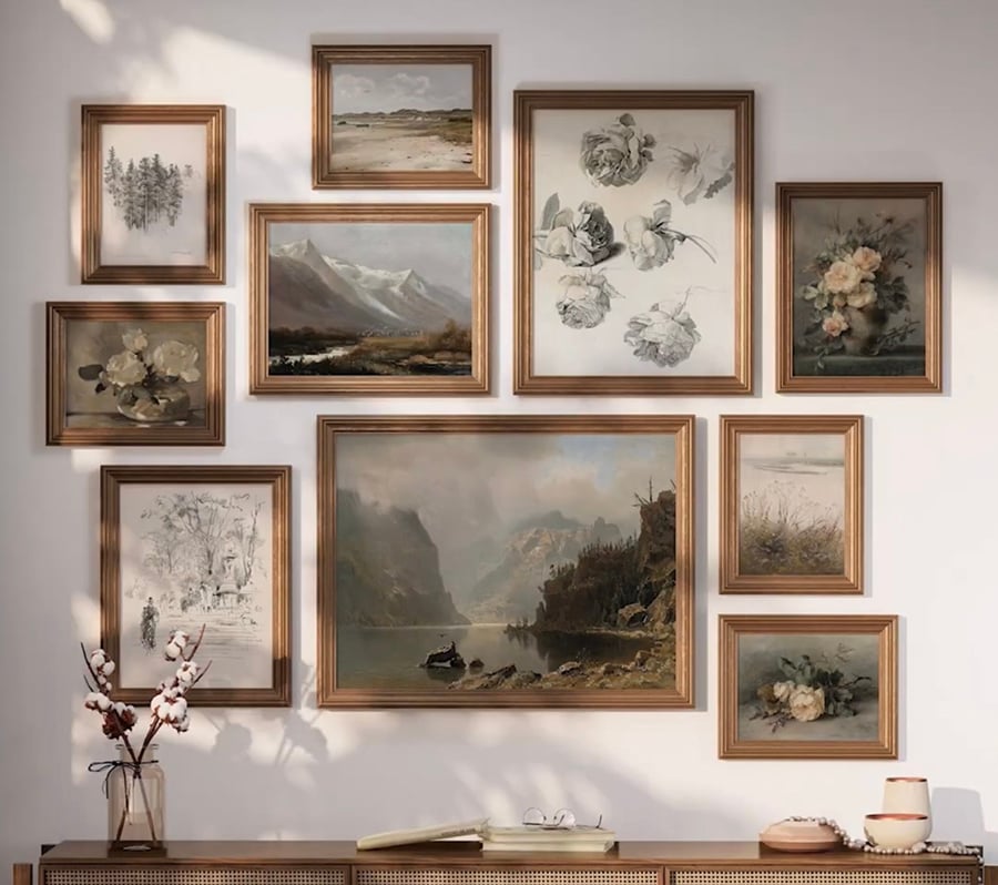 Rustic farmhouse gallery wall interior design example.